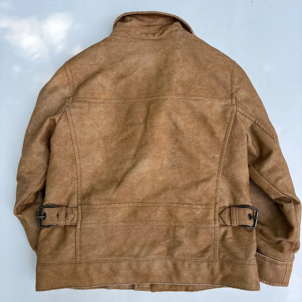 babyGap Toddler Boys Tan Faux Leather Moto Jacket Plaid Lined Brown Size 5T